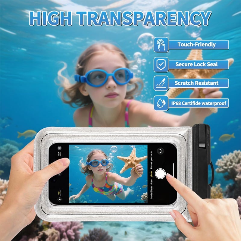 Razobws Floating Waterproof Phone Pouch, IPX68 Waterproof Phone Case with Lanyard for iPhone 16 15 14 13 Pro Max Samsung S25 S24 S23 S22, Up to 7", Beach Vacation Essentials, Glitter Silver - Image 5